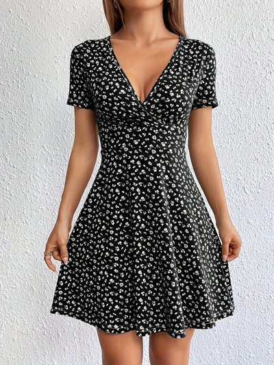 Schwarzes Blumenmuster-V-Ausschnitt-Kleid - Stella
