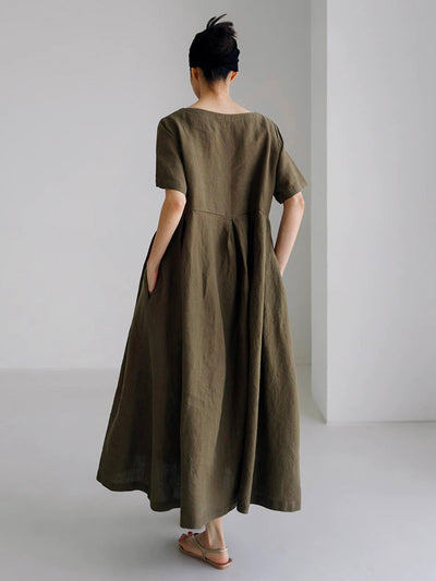 Marineblaues Lockeres Midi-Kleid Mit Seitentaschen - Clara