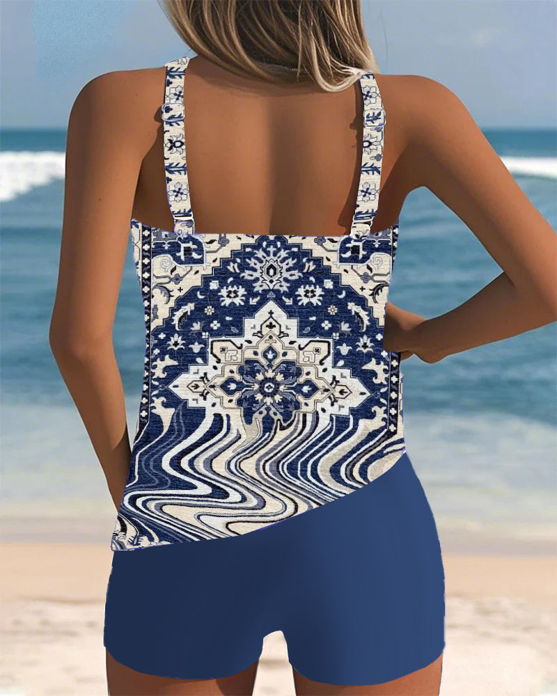 Tankini U-Ausschnitt Bedruckt Zweiteilig Boxer Strand