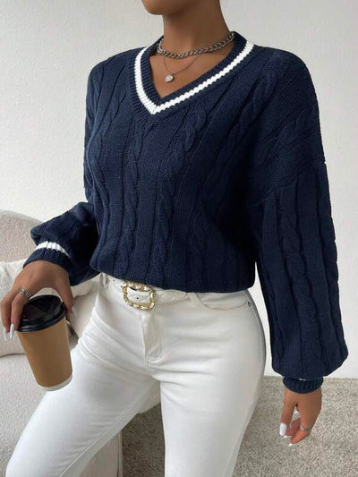 Freja | Gestreiftes Kabelstrickpullover Mit V Neck