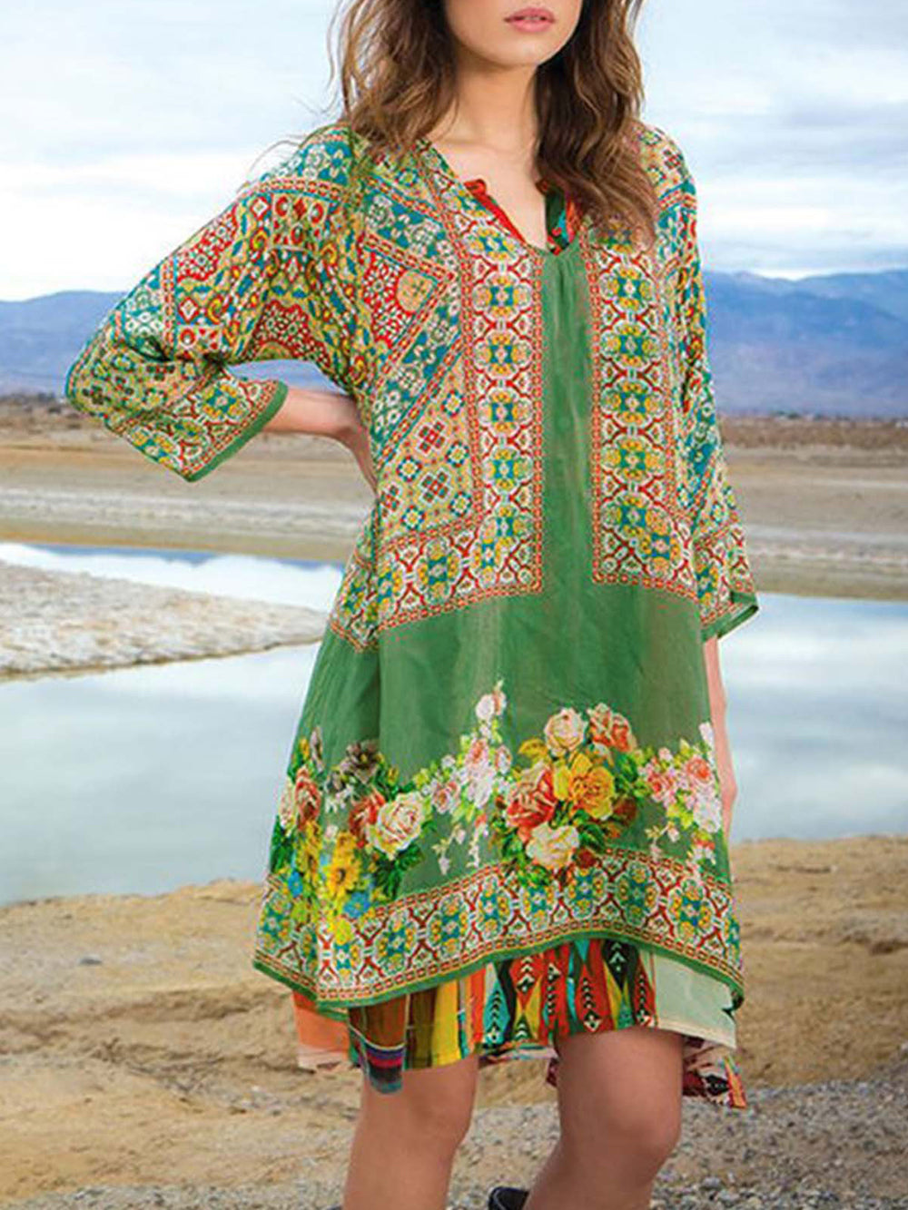 Boho-Kleid in Türkis mit Blumenmuster - Liora