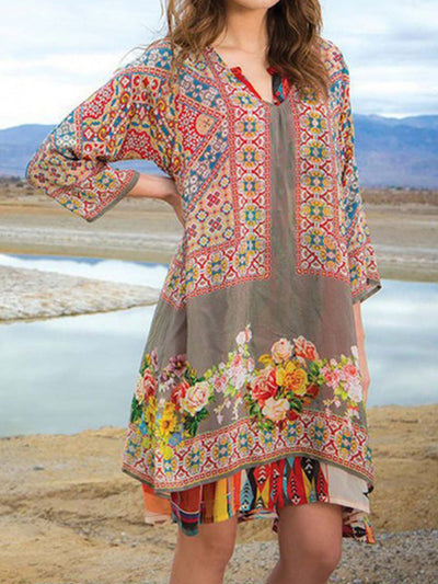 Boho-Kleid in Türkis mit Blumenmuster - Liora