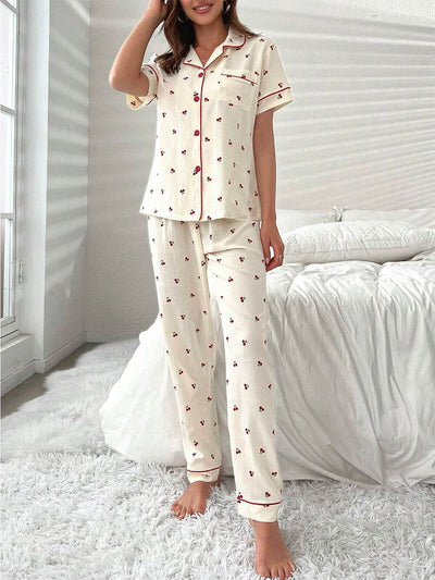 Pyjama-Set in Creme mit Kirschmuster - Sophie