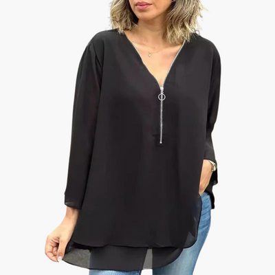 Halb-Zip Langarmshirt - Damen V-Ausschnitt Oberteil Casual
