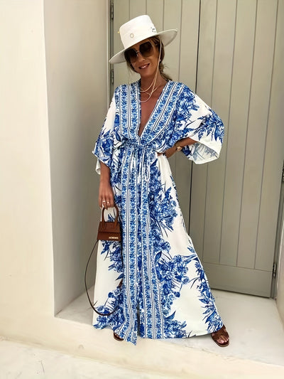 Blau-Weißes Maxikleid mit Blumenmuster - Emilia