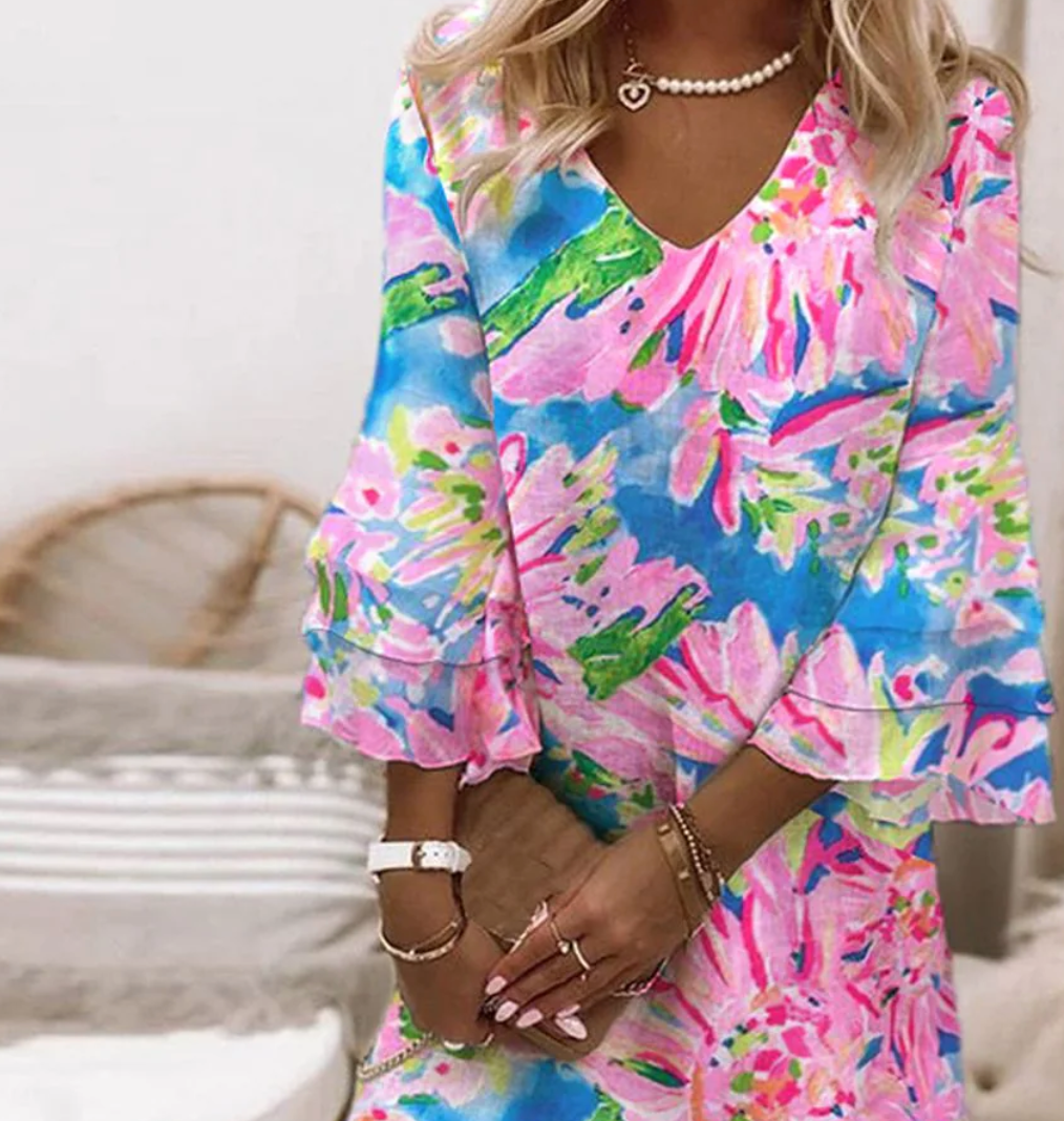 Sylvie - Damen Pink Mini Kleid mit Glockenärmeln