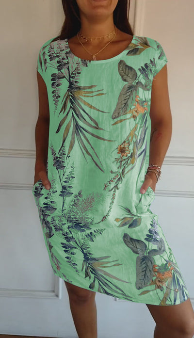 Aldorian™ – Damenkleid aus Baumwolle und Leinen mit Rundhalsausschnitt und Druck