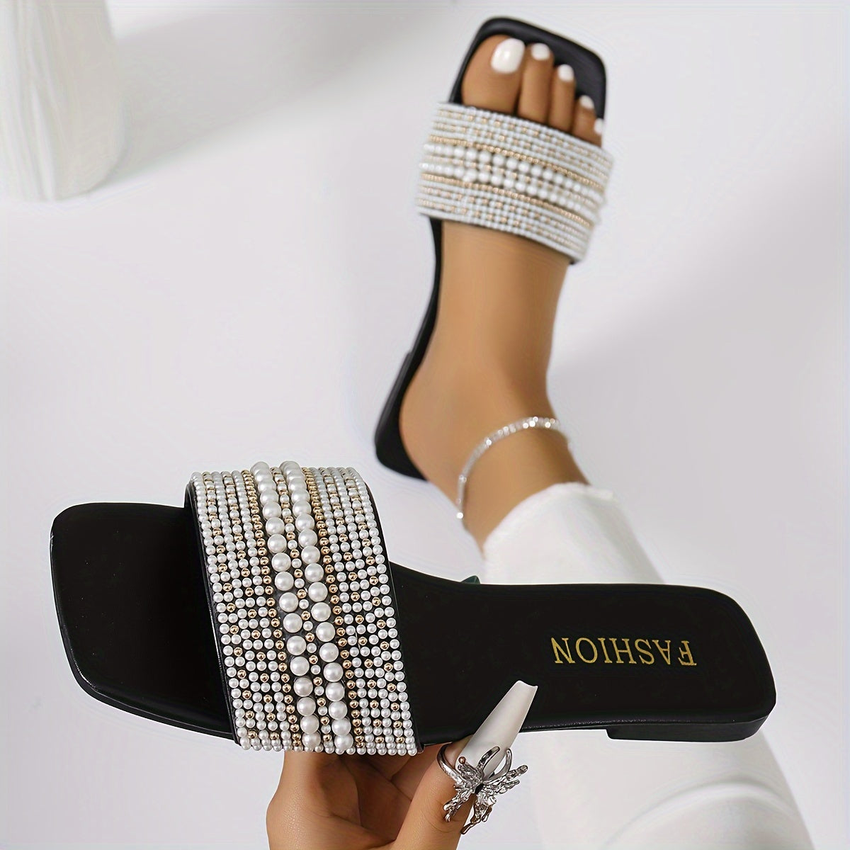 Damen Perlen Verzierte Sommer-Slipper