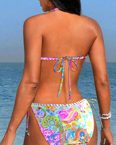 Bunt bedruckter Patchwork-Spitzen-Neckholder-Bikini