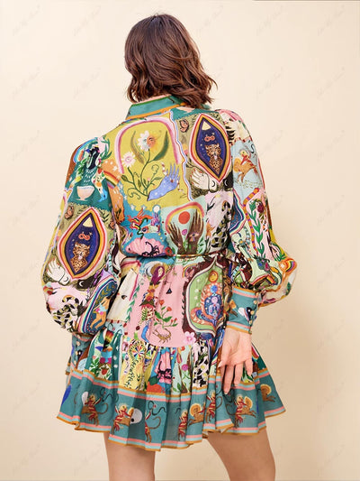 Kunstvoll bedrucktes Kleid in Bunt mit Stehkragen - Marisol