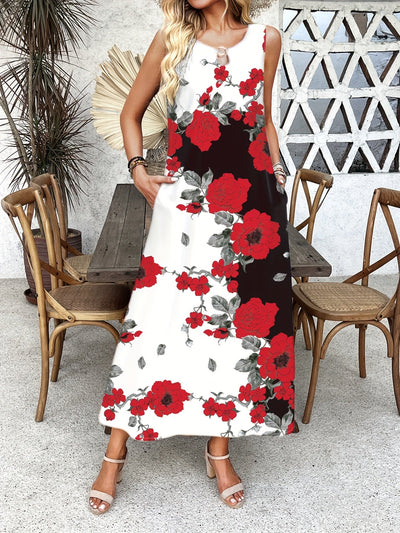 Indigo - Boho-Chic Floral V-Ausschnitt Maxikleid