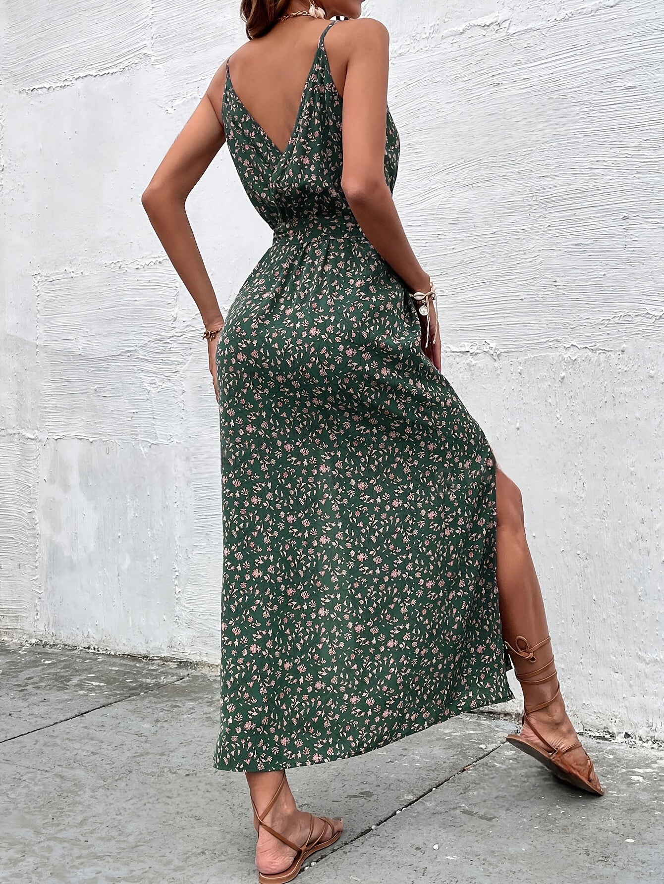 Grünes Blumenkleid Spaghettiträger - Isabelle