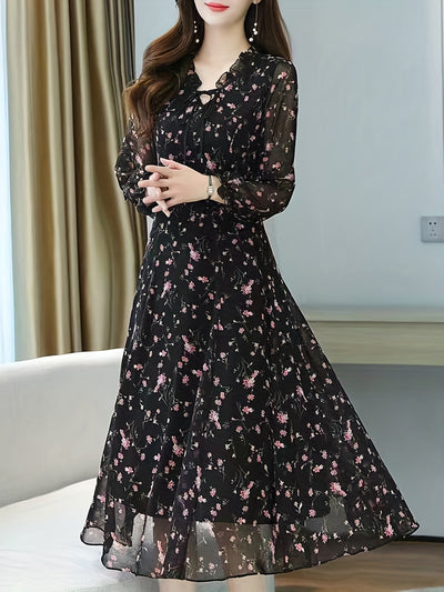 Schwarzes Ditsy Blumenmuster Laternenärmel Kleid - Helena