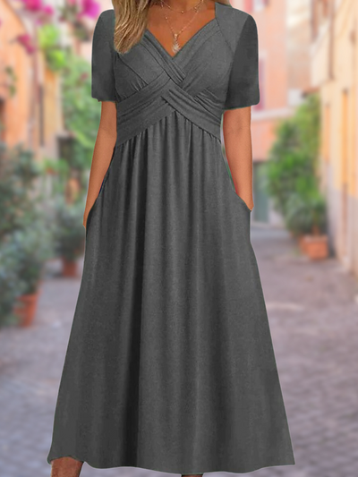 Graues Midi-Kleid mit Überkreuz-Detail – Helena
