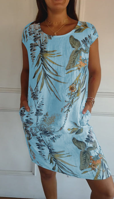 Aldorian™ – Damenkleid aus Baumwolle und Leinen mit Rundhalsausschnitt und Druck