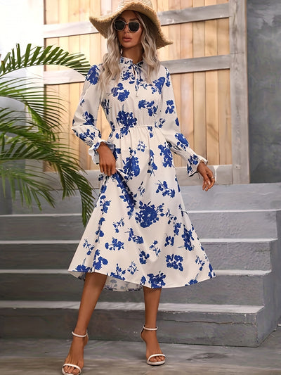 Blau-Weißes Blumenkleid Langarm - Sophie