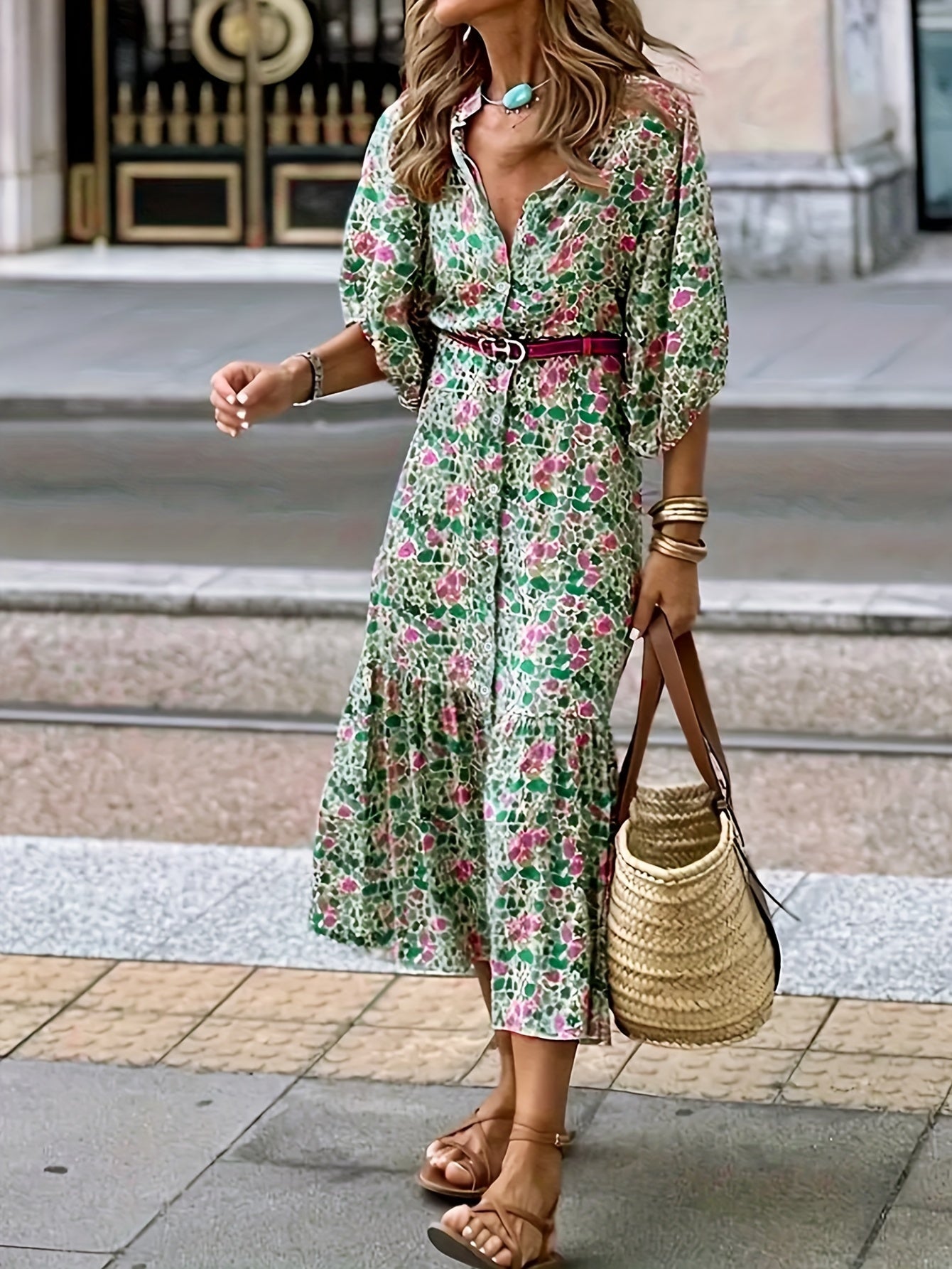 Grünes Blumenkleid mit Knopfleiste und Gürtel - Lena