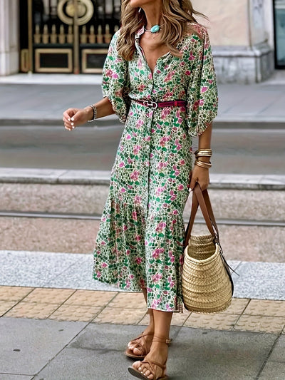 Grünes Blumenkleid mit Knopfleiste und Gürtel - Lena