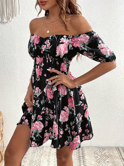 Schwarzes Off-Shoulder Blumenmuster Kleid - Sophie