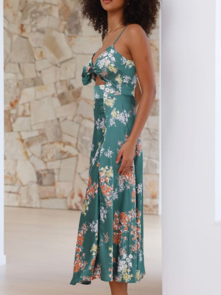Grünes Blumenkleid mit Schlitz - Amelie