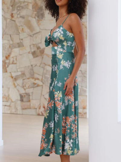 Grünes Blumenkleid mit Schlitz - Amelie