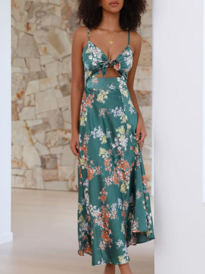Grünes Blumenkleid mit Schlitz - Amelie