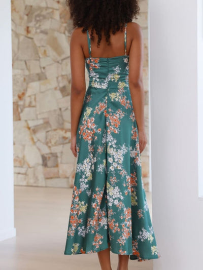 Grünes Blumenkleid mit Schlitz - Amelie