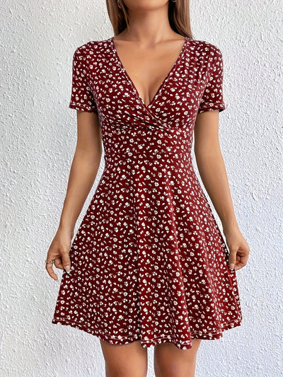 Schwarzes Blumenmuster-V-Ausschnitt-Kleid - Stella
