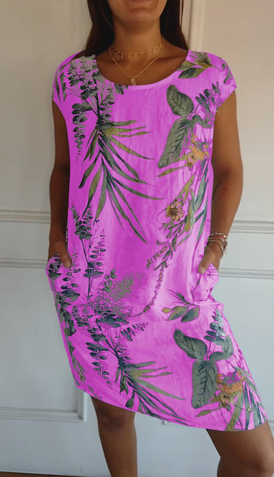 Aldorian™ – Damenkleid aus Baumwolle und Leinen mit Rundhalsausschnitt und Druck
