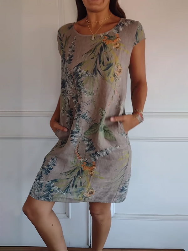 Aldorian™ – Damenkleid aus Baumwolle und Leinen mit Rundhalsausschnitt und Druck