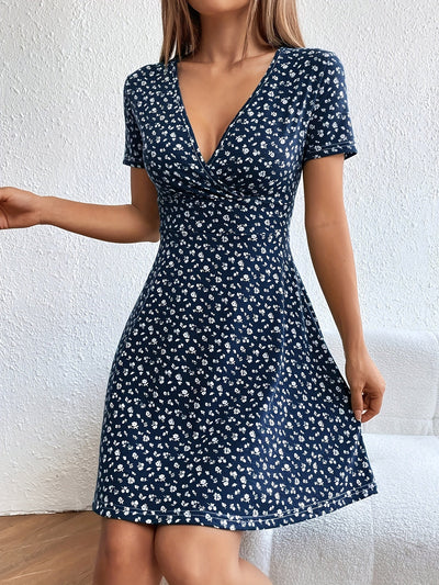 Schwarzes Blumenmuster-V-Ausschnitt-Kleid - Stella