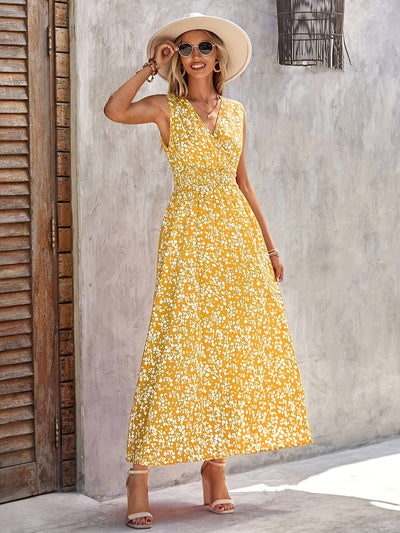 Gelbes Blumenkleid mit V-Ausschnitt - Emily