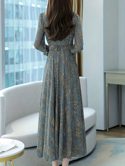 Langkleid Grau mit Blättermuster - Helena