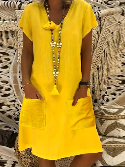 Gelbes Leinenkleid mit Taschen - Fiona