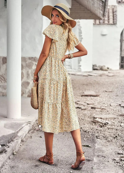 Gelbes Blumenkleid Kurzarm - Lena