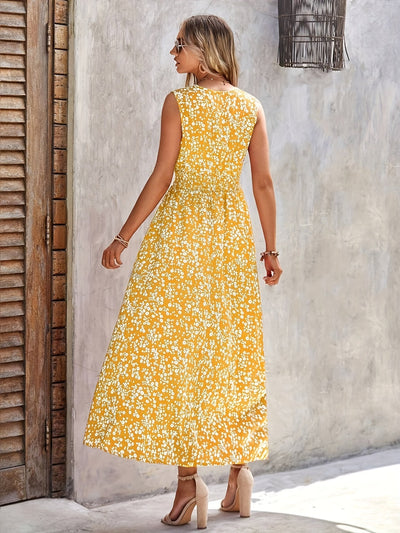 Gelbes Blumenkleid mit V-Ausschnitt - Emily