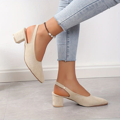 Beige Leinenpumps mit Blockabsatz - Sophia
