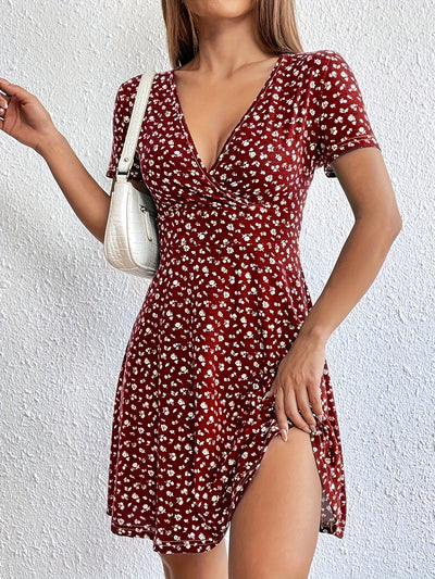 Schwarzes Blumenmuster-V-Ausschnitt-Kleid - Stella