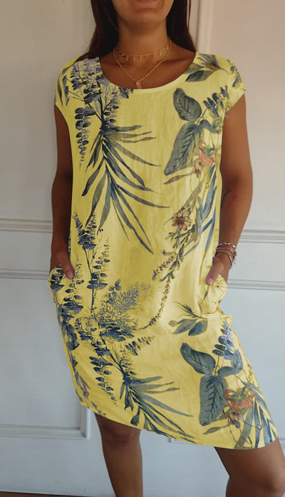 Aldorian™ – Damenkleid aus Baumwolle und Leinen mit Rundhalsausschnitt und Druck