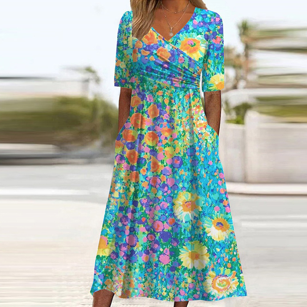 Freesia - Kurzärmliges Blumen-Midi-Kleid