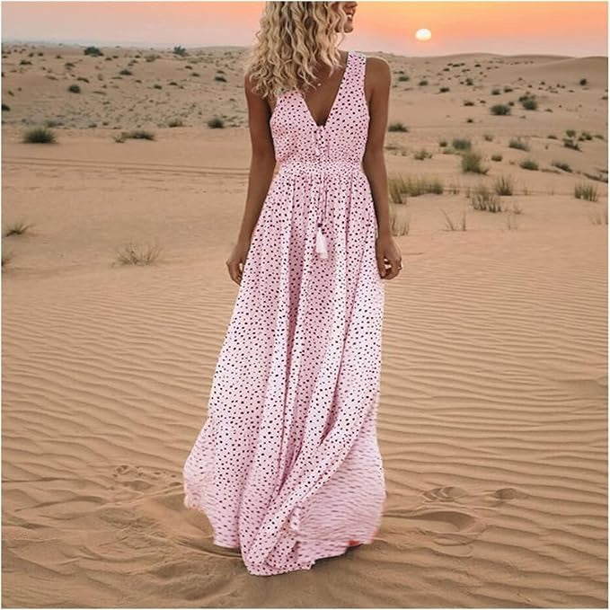 Noa - Bohemian Elegance V-Ausschnitt Polka Dot Maxikleid