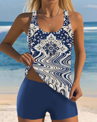 Tankini U-Ausschnitt Bedruckt Zweiteilig Boxer Strand