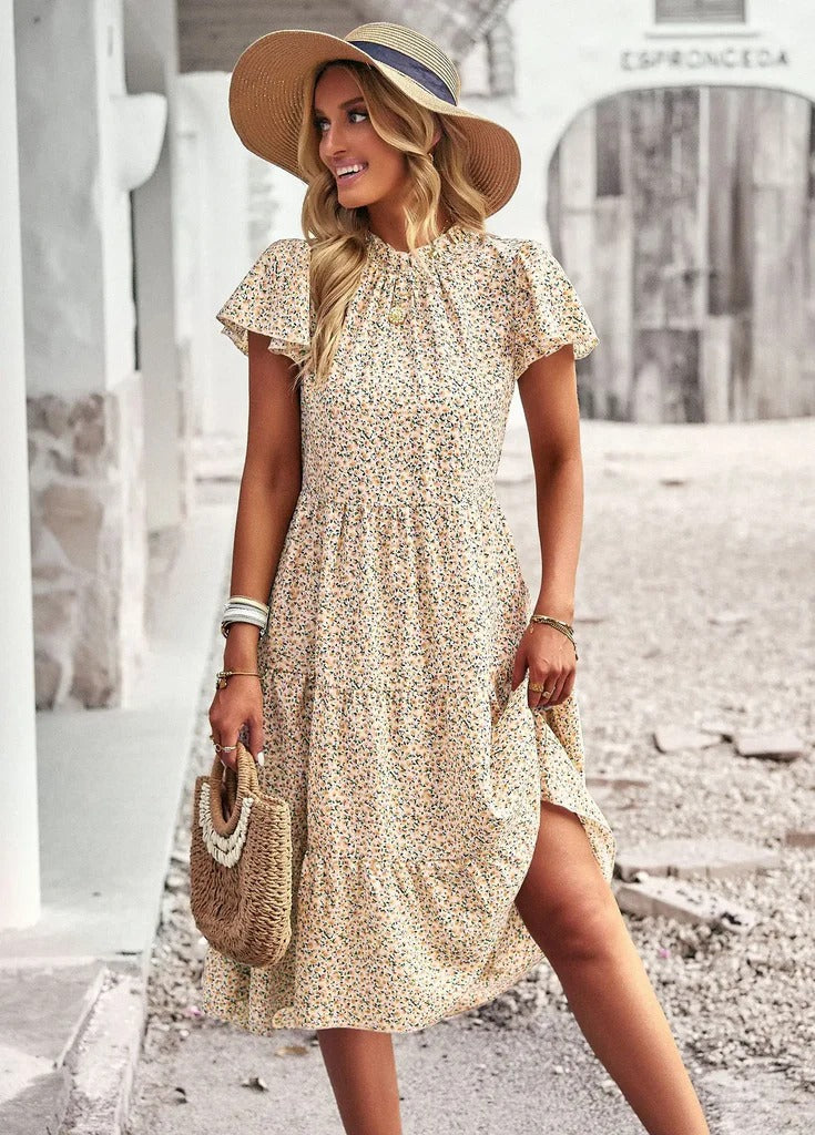 Gelbes Blumenkleid Kurzarm - Lena