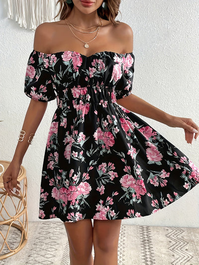 Schwarzes Off-Shoulder Blumenmuster Kleid - Sophie
