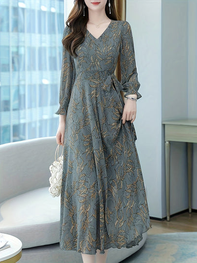 Langkleid Grau mit Blättermuster - Helena