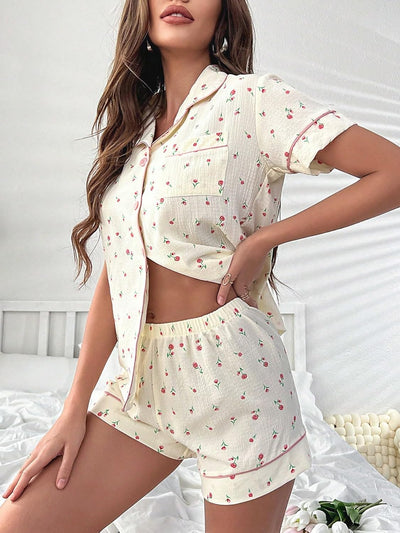 Pyjama-Set in Creme mit Kirschmuster - Emily