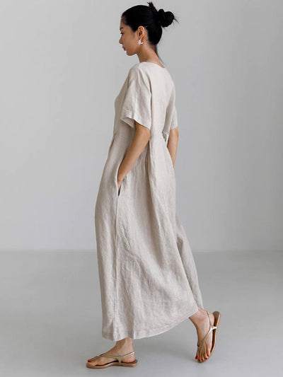 Marineblaues Lockeres Midi-Kleid Mit Seitentaschen - Clara