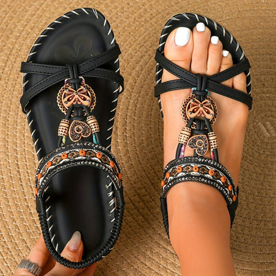 Bronzene flache Sandalen mit Strass und Schmetterlingsdesign - Alina