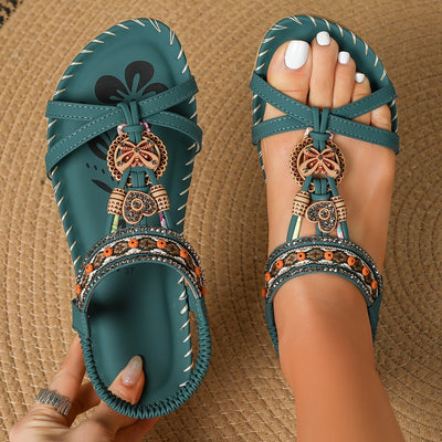 Bronzene flache Sandalen mit Strass und Schmetterlingsdesign - Alina