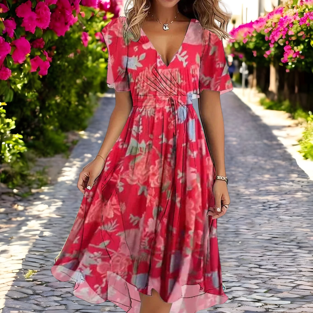 Rosalind - Florales, lockeres Kleid mit tiefem V-Ausschnitt